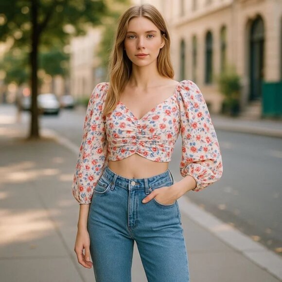 Zara White Colorful Floral Fairy Boho Smocked Tie Back Linen Blend Crop Top - Picture 2 of 12
